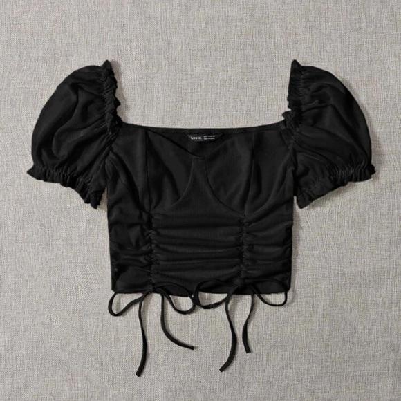 SHEIN Tops - NWOT 3/$15 SHEIN Black Puff Sleeve Drawstring Front Top Black